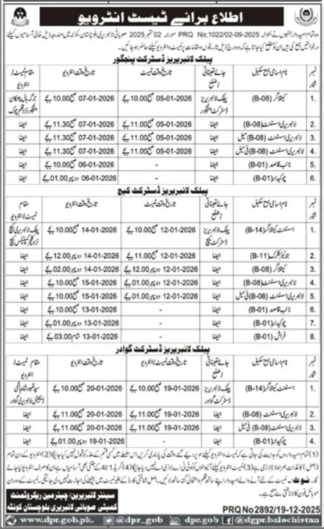 Balochistan Provincial Library Quetta Jobs Test 2026 - Test / Interview Schedule Announcement