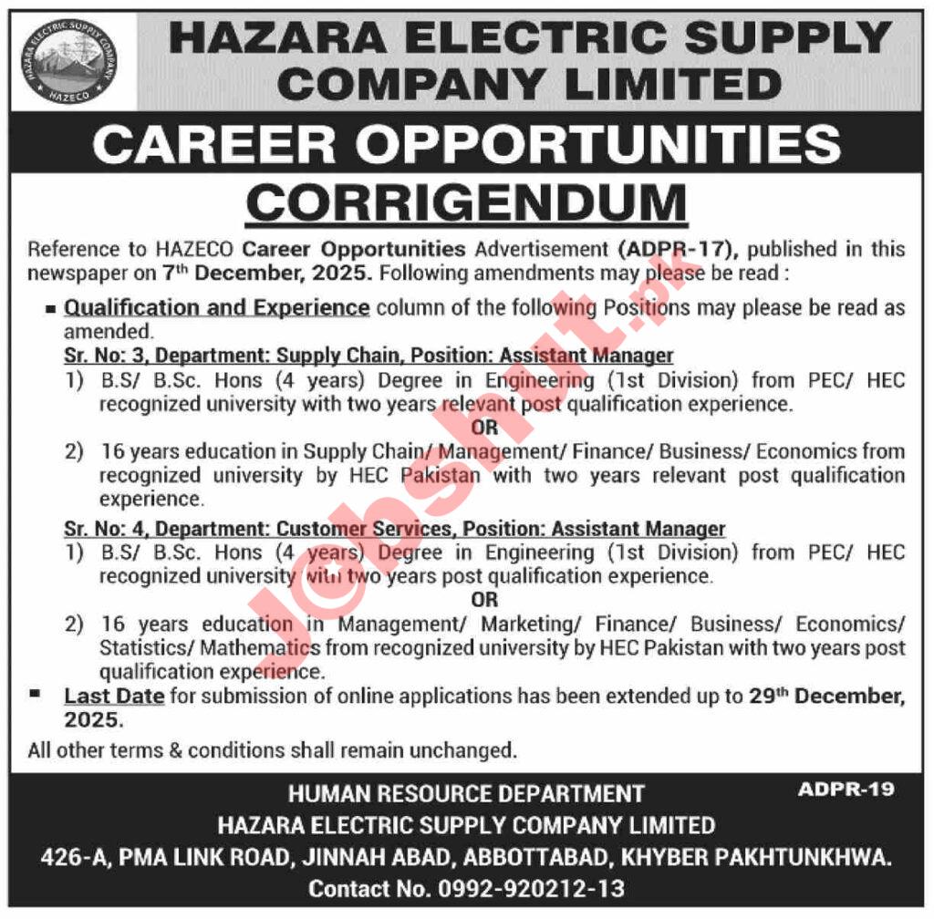 Hazara Electric Supply Company HAZECO Jobs in 2026 - Apply Online for Assistant Manager jobs in 2026