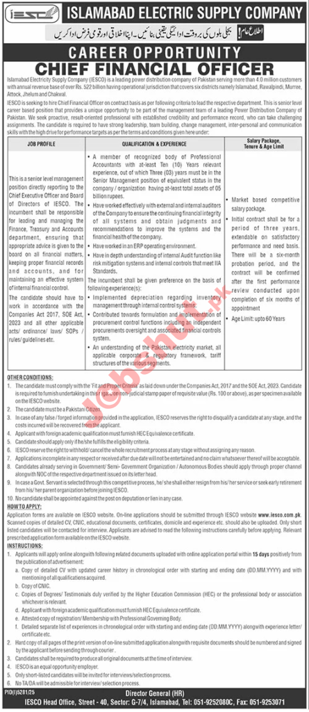 Islamabad Electric Supply Company IESCO Jobs in 2026 - APply Now for Career Planning Officer and Chief IT & System Security Officer Jobs in 2026