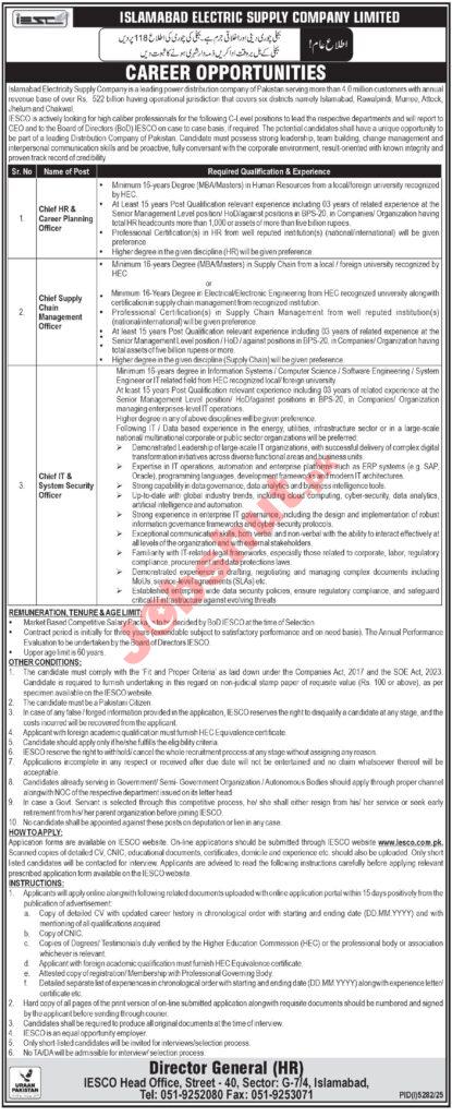 Islamabad Electric Supply Company IESCO Jobs in 2026 - APply Now for Career Planning Officer and Chief IT & System Security Officer Jobs in 2026