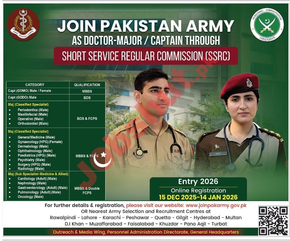 Join Pakistan Army As a doctor Major/Captain Jobs in 2025 - Apply Online for PAK ARMY AS THROUGH SHORT SERVICE REGULAR COMMISSION (SSRC)