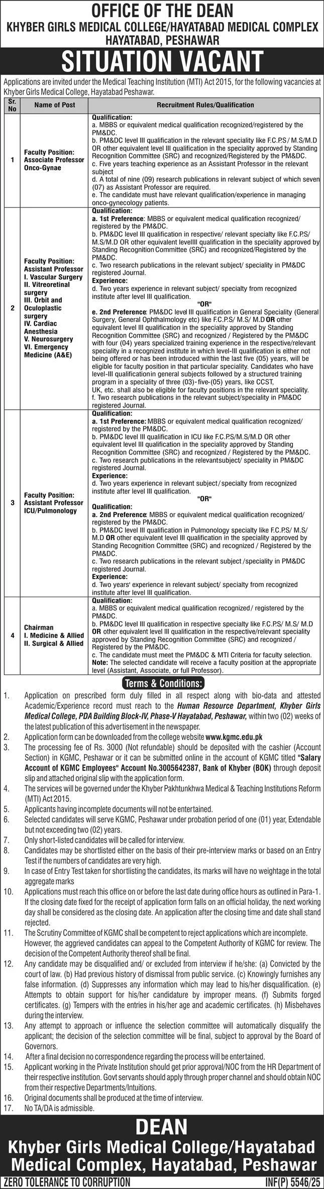 Khyber Girls Medical College KGMC Peshawar Jobs in 2026 - Apply Now For Associate Professor and Chairman Jobs in 2026