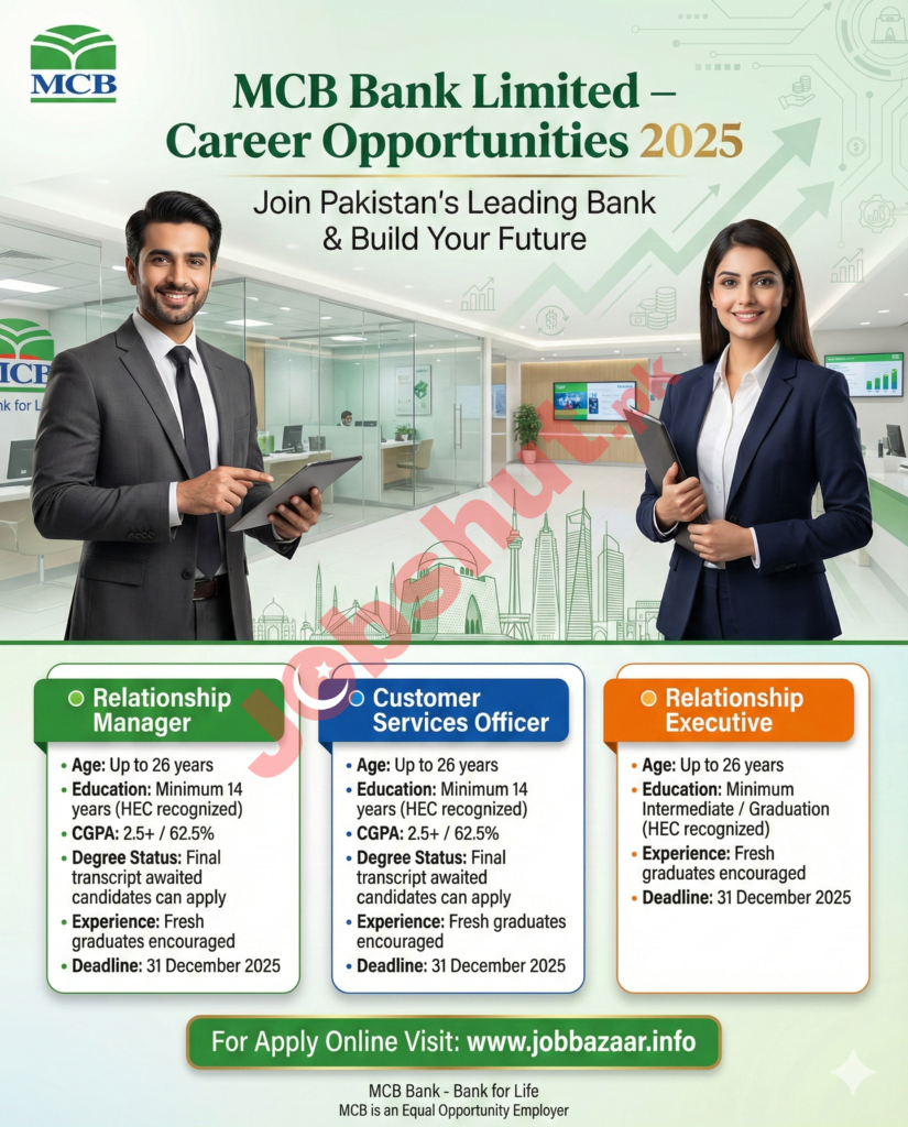 MCB Bank Jobs in 2025 - Online Apply for Customer Services Officer & Relationship Manager jobs in 2025