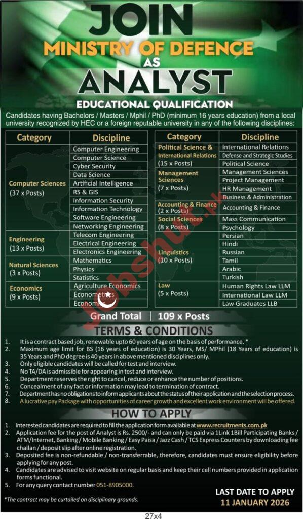 Ministry of Defence Jobs 2026 - Apply Now for Computer Sciences Analyst, Engineering Analyst, Management Sciences Analyst Jobs 2026