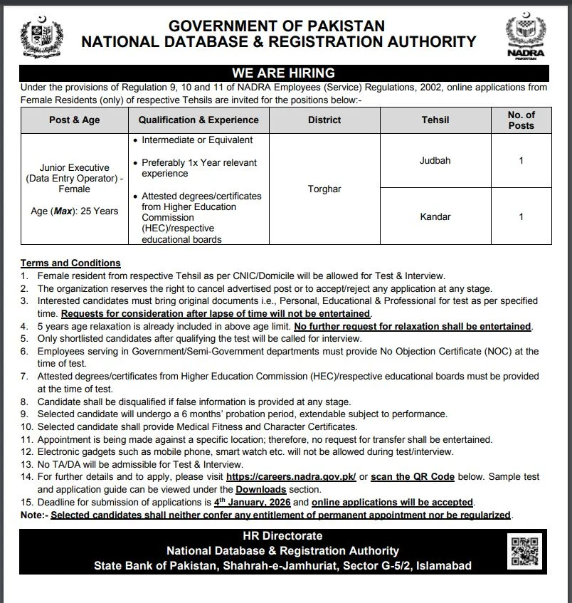 NADRA Jobs in 2026 - Online Apply for Junior Executive (Data Entry Operator) Female jobs in 2026