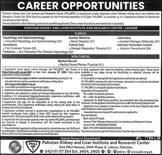Pakistan Kidney And Liver Institute And Research Centre Jobs 2026 - Apply Now for Consultant Hepatology and Gastroenterology jobs