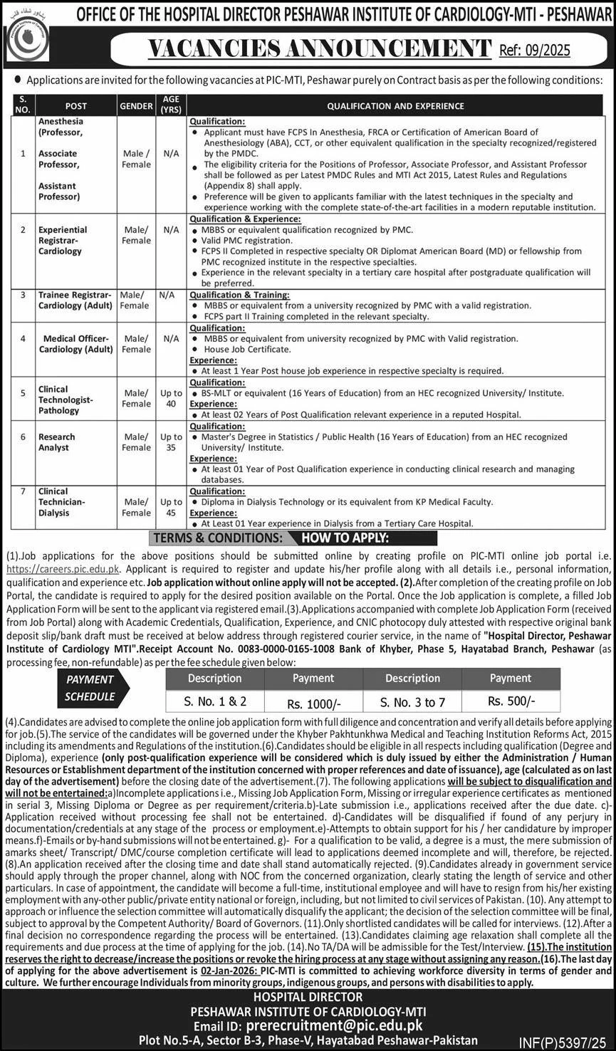 Peshawar Institute Of Cardiology PIC MTI Peshawar Jobs 2026 - Apply Now for PIC MTI Peshawar Jobs 