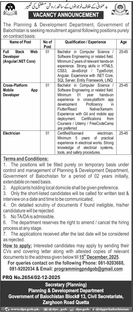 Planning & Development Department PWD Quetta Jobs 2025 - Online Apply Full Stack Web Developer (Angular/.NET Core), Cross-Platform Mobile App Developer and Electrician Jobs