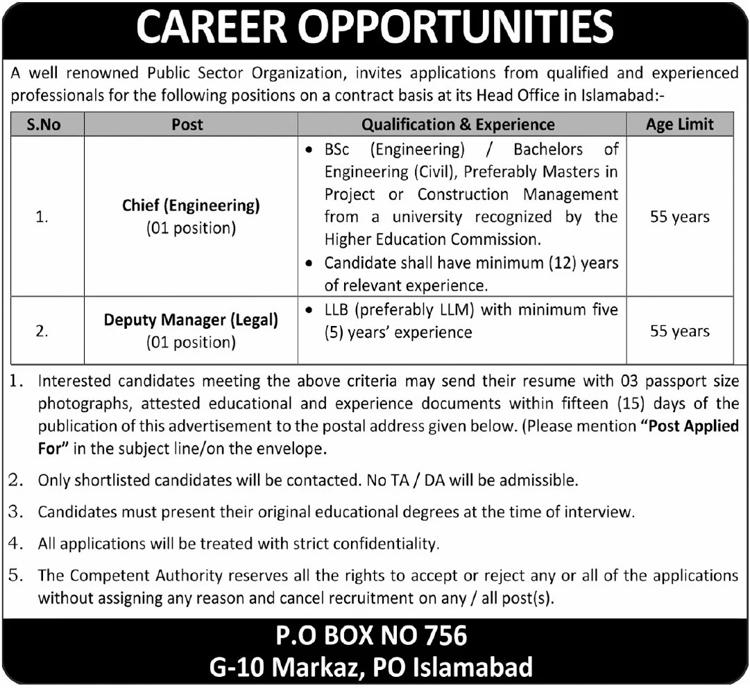 Public Sector Organization Islamabad Jobs 2025 - Apply Now Chief (Engineering) and Deputy Manager (Legal) Jobs