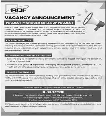 Research & Development Foundation RDF Jobs 2025 - Apply Now For RDF Project Manager Skills Up Project Jobs 