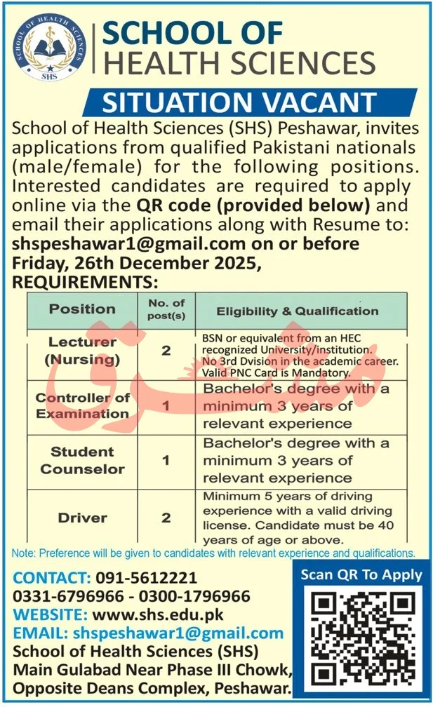 School of Health Sciences Peshawar Jobs 2025 - Apply Now SHS Peshawar Jobs 2025