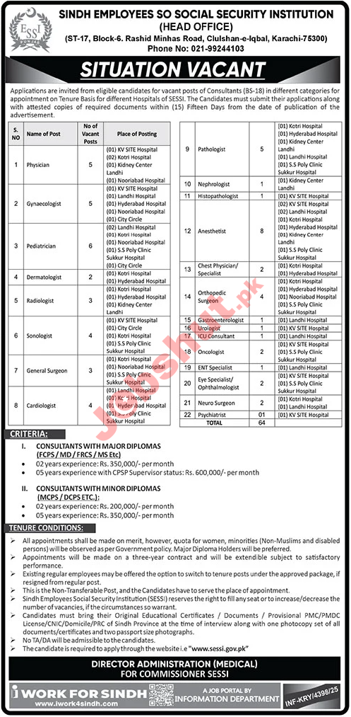 Sindh Employees Social Security Institution SESSI Jobs in 2026 - Apply For SESSI Jobs 2026