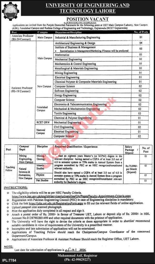 University of Engineering and Technology UET Lahore Jobs in 2026 - Apply Online