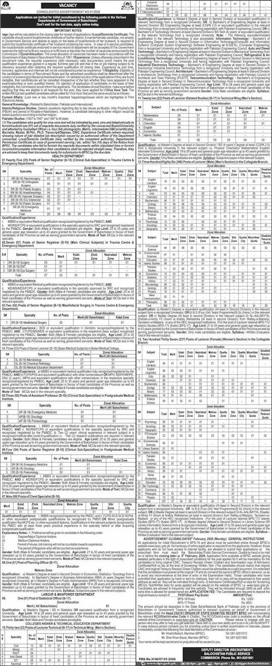 Balochistan Public Service Commission (BPSC) Latest Jobs 2026 - Apply Online for Lecturer, Senior Registrar, and Specialist Vacancies in Balochistan