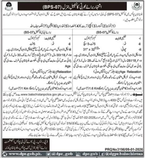 Balochistan Police Latest Jobs 2026 - Apply Online for Constable (BPS-07) Vacancies in Quetta & Multiple Cities