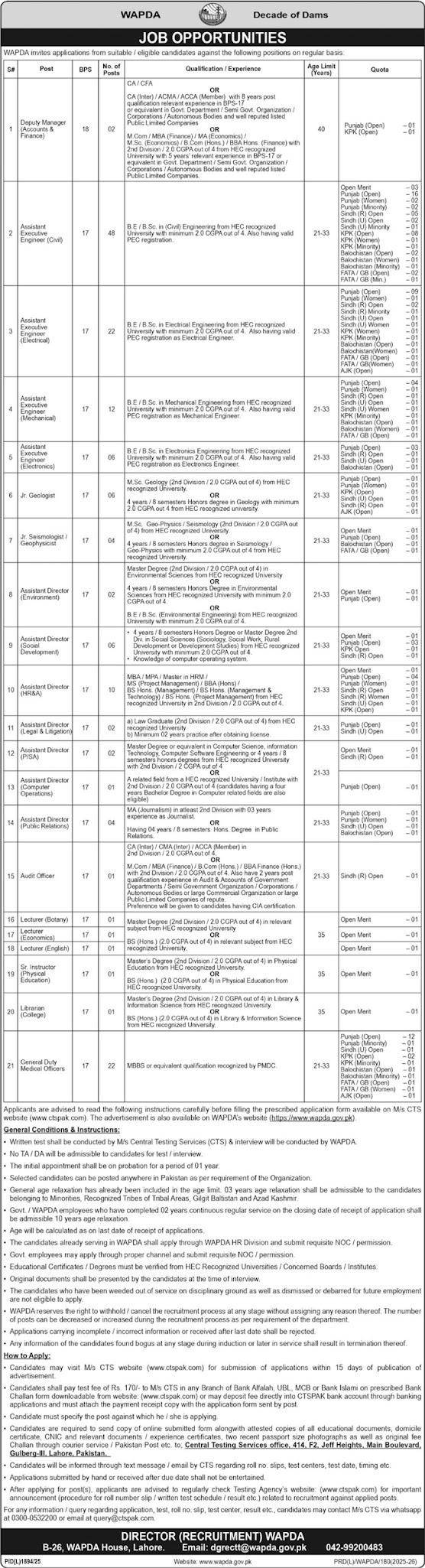 WAPDA Latest Jobs 2026 - Apply Online for Assistant Executive Engineer, Assistant Director & Various Vacancies in Pakistan