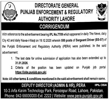 Punjab Enforcement & Regulatory Authority (PERA) Latest Jobs 2026 - Apply Online for Sergeant Driver Vacancies in Lahore/Punjab