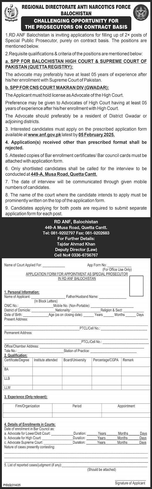 Anti Narcotics Force (ANF) Latest Jobs 2026 - Apply Online for Special Public Prosecutor Vacancies in Quetta/Balochistan