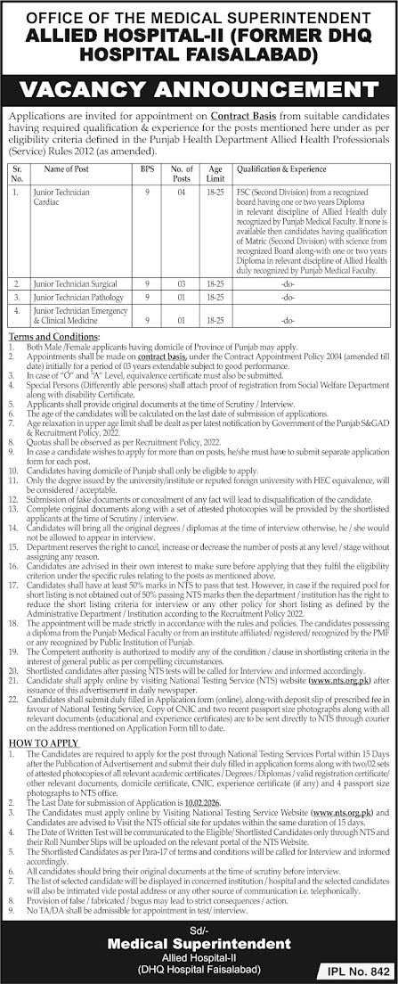 Allied Hospital-II (Former DHQ Hospital Faisalabad) Latest Jobs 2026 - Apply Online for Junior Technician Vacancies in Faisalabad/Punjab