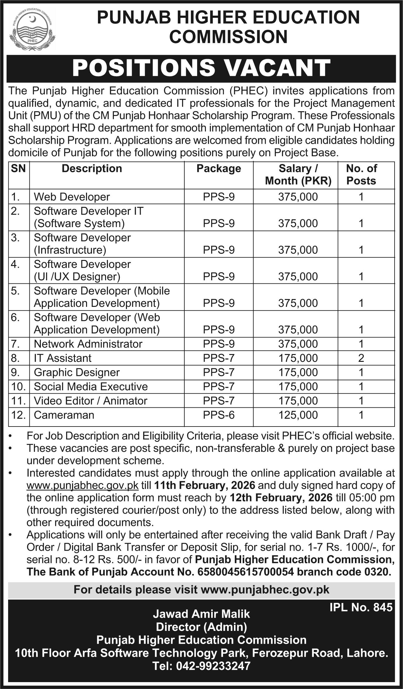 Punjab Higher Education Commission Latest Jobs 2026 - Apply Online for Web Developer, Network Administrator and Other Vacancies in Lahore, Punjab
