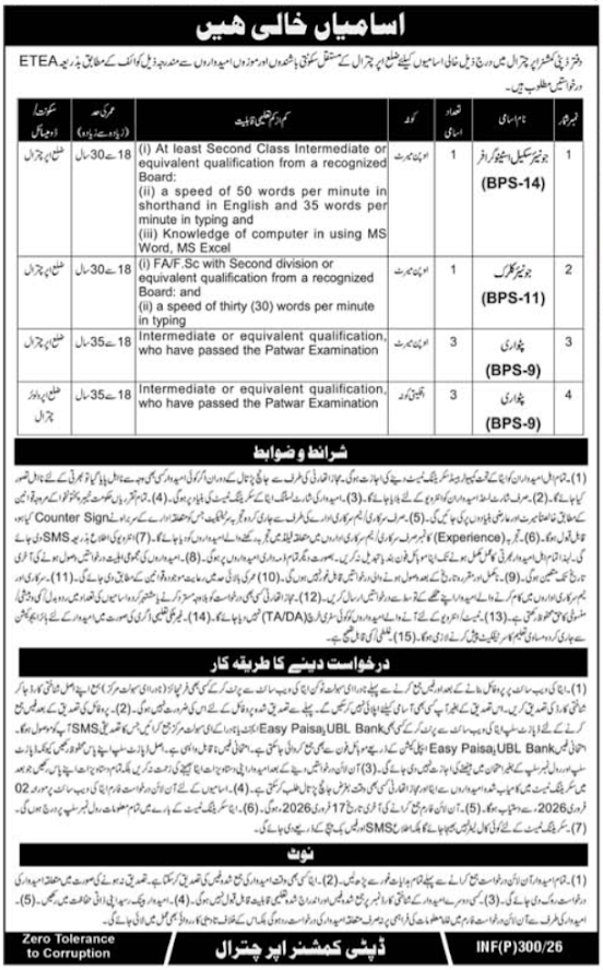 Deputy Commissioner Office Patwari Jobs 2026 – Apply Online for Junior Clerk, Stenographer, Driver & Naib Qasid Vacancies in KPK