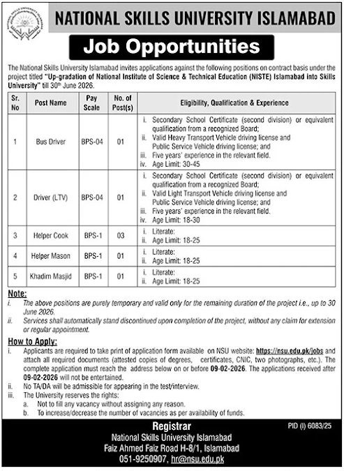 National Skills University Islamabad Latest Jobs 2026 - Apply Online for Driver, Helper Cook, and Other Vacancies in Islamabad