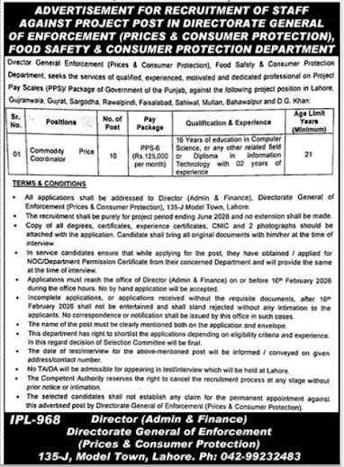 Directorate General of Enforcement Latest Jobs 2026 - Apply Online for Commodity Price Coordinator Vacancies in Lahore Punjab