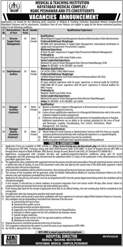 Hayatabad Medical Complex Latest Jobs 2026 - Apply Online for Management and Audit Vacancies in Peshawar
