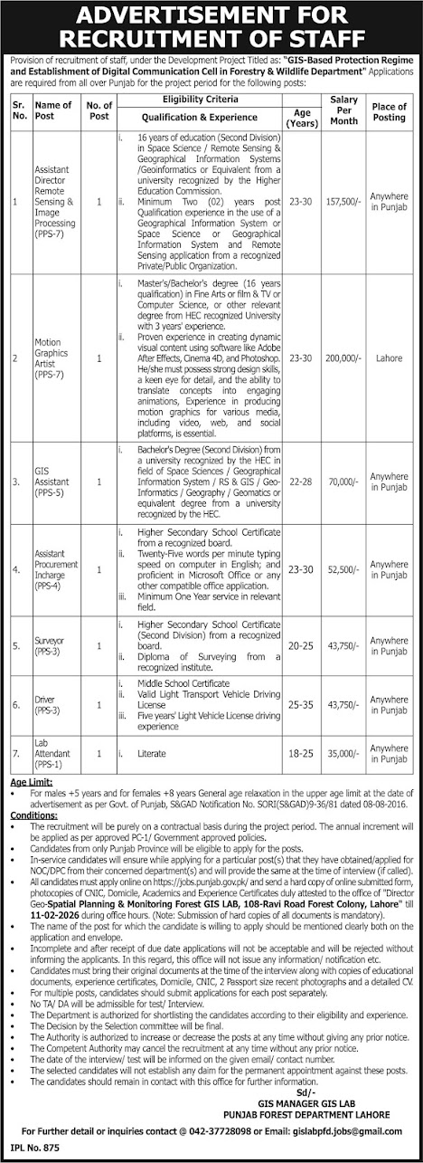 Forestry & Wildlife Department Latest Jobs 2026 - Apply Online for Assistant Director, Motion Graphics Artist & Other Vacancies in Lahore