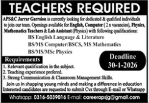 APS&C Jarrar Garrison Latest Jobs 2026 - Apply Online for Teachers & Lab Assistant Vacancies in Rawalpindi/Punjab