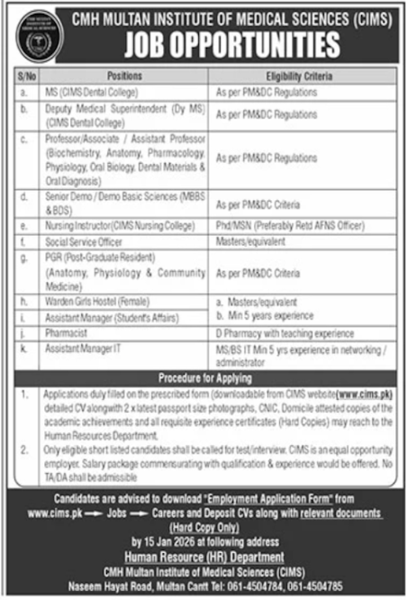 CMH Multan Institute Of Medical Sciences Jobs in 2026 - Online Apply For Medical/Teaching/Administration Jobs In 2026