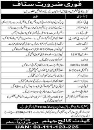 Cadet College Jhelum Jobs in 2026 - Apply Now For Educational Staff Jobs In 2026