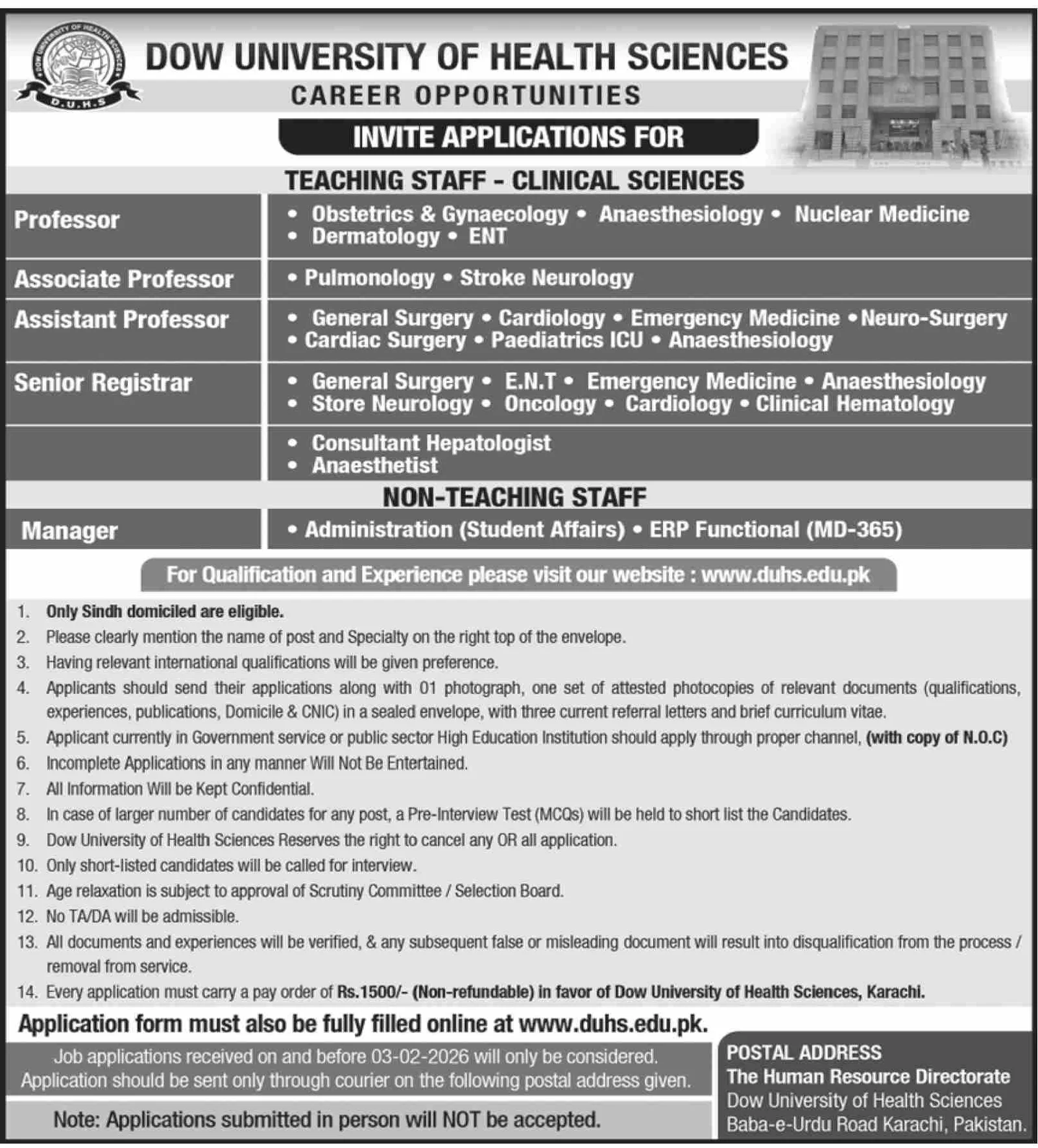 Dow University of Health Sciences (DUHS) Latest Jobs 2026 - Apply Online for Professor, Registrar, and Manager Vacancies in Karachi/Sindh