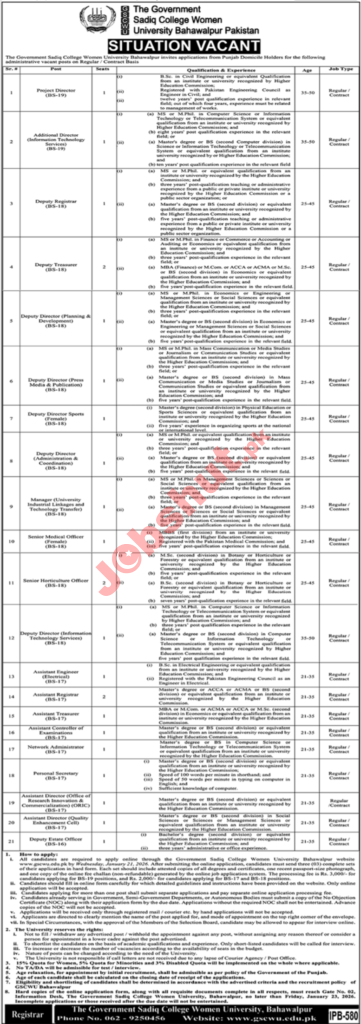 Government Sadiq College Women University Jobs in 2026 - Online Apply For Medical and Office Staff Jobs In 2026