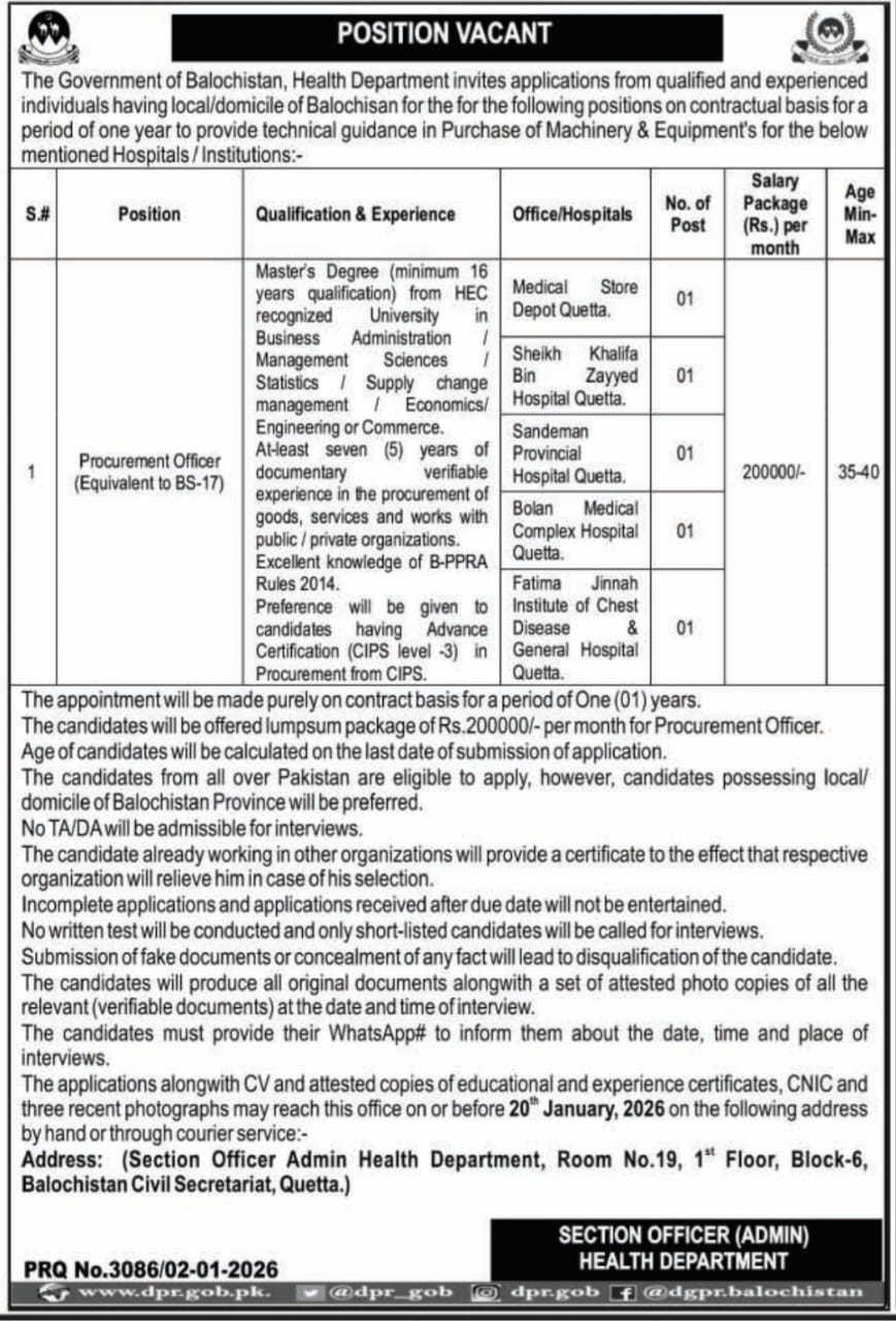 Health Department Balochistan Jobs in 2026 - Apply Now For Procurement & Management Jobs In 2026
