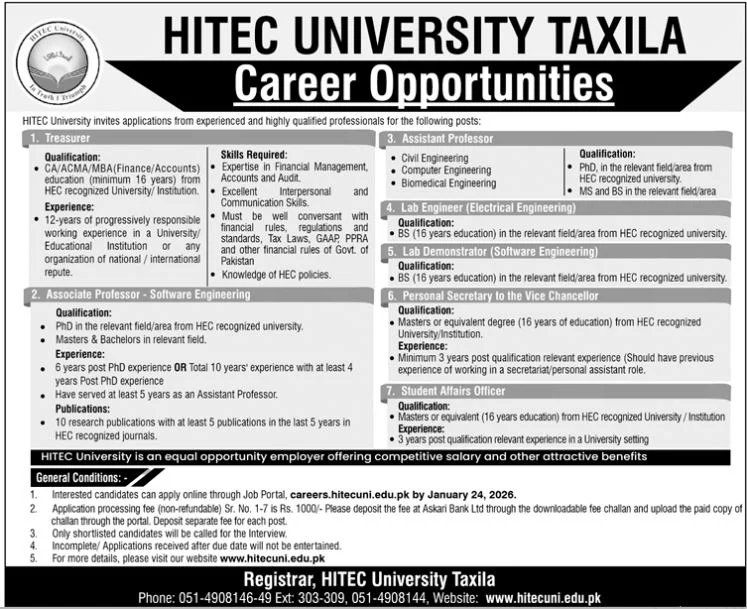 HITEC University Taxila Punjab Jobs in 2026 - Apply For Education, Teaching & Management Jobs in 2026