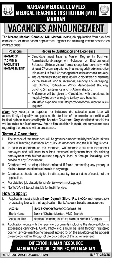 Mardan Medical Complex MTI Mardan Latest Jobs 2026 - Apply Online for Manager (Admin & Facilities Management) Vacancies in Mardan, Khyber Pakhtunkhwa