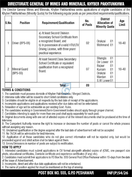 Mines & Minerals Department New Jobs In 2026 - Apply Now for Driver and Mineral Guard Jobs