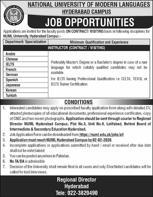 NUML National University of Modern Languages Jobs 2026 – Instructor (Arabic, Chinese, IELTS, French, German, Spanish, Japanese, Korean, Turkish) | Apply Online