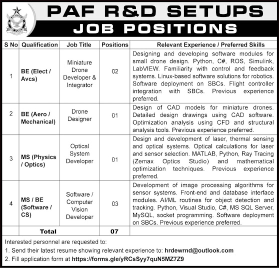 PAF Drone Designer Rawalpindi New Jobs In 2026 - Online Apply For PAF Engineering & IT Jobs