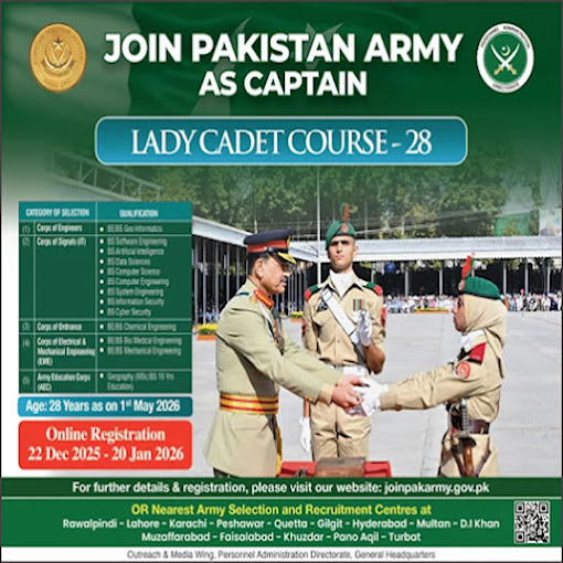 Pakistan Army captain Jobs in 2026 For Male and Female - Online Apply For Lady (Female) Cadet Course Jobs In Pak Army In 2026