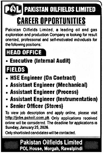 Pakistan Oilfields Limited Jobs 2026 - Apply Online For Executive and Assistant Engineer Jobs