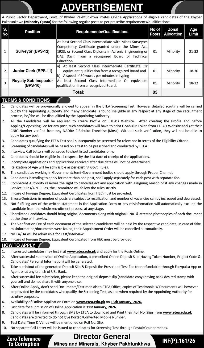 Public Sector Department Peshawar Jobs in 2026 - Online Apply for Surveyor, Junior Clerk and Royalty Sub-Inspector Jobs In 2026