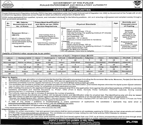 Punjab Enforcement & Regulatory Authority Jobs in 2026 - Apply Now For PERA-Force-Sergeant-Driver-Jobs In 2026