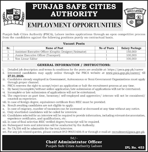 Punjab Safe Cities Authority PSCA New Jobs In 2026 - Online Apply For IT / Media / Transport Jobs