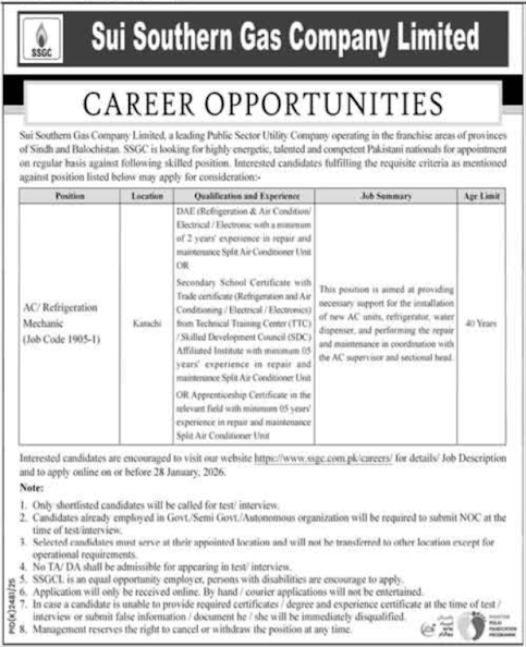 Sui Southern Gas Company Limited SSGC Latest Jobs 2026 - Apply Online for AC/ Refrigeration Mechanic Vacancies in Karachi, Sindh