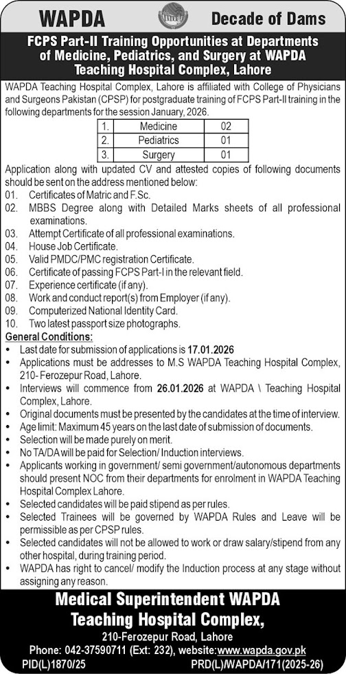 WAPDA Teaching Hospital Complex Jobs In 2026 - Apply Now For Medical Training Vacancies In 2026
