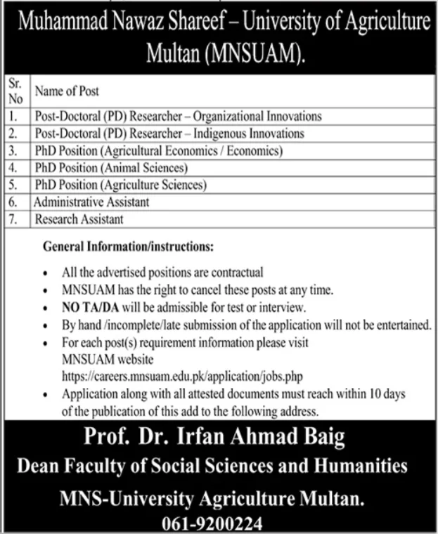 MNS-University of Agriculture Multan (MNSUAM) Latest Jobs 2026 - Apply Online for Researchers and Assistant Vacancies in Multan