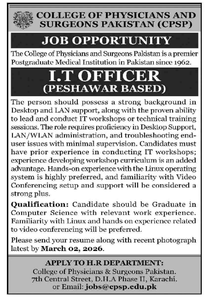 College of Physicians and Surgeons Pakistan Latest Jobs 2026 - Apply Online for I.T Officer Vacancies in Peshawar