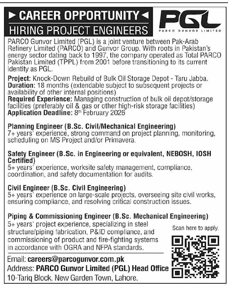PARCO Gunvor Limited (PGL) Latest Jobs 2026 - Apply Online for Project Engineers Vacancies in Lahore